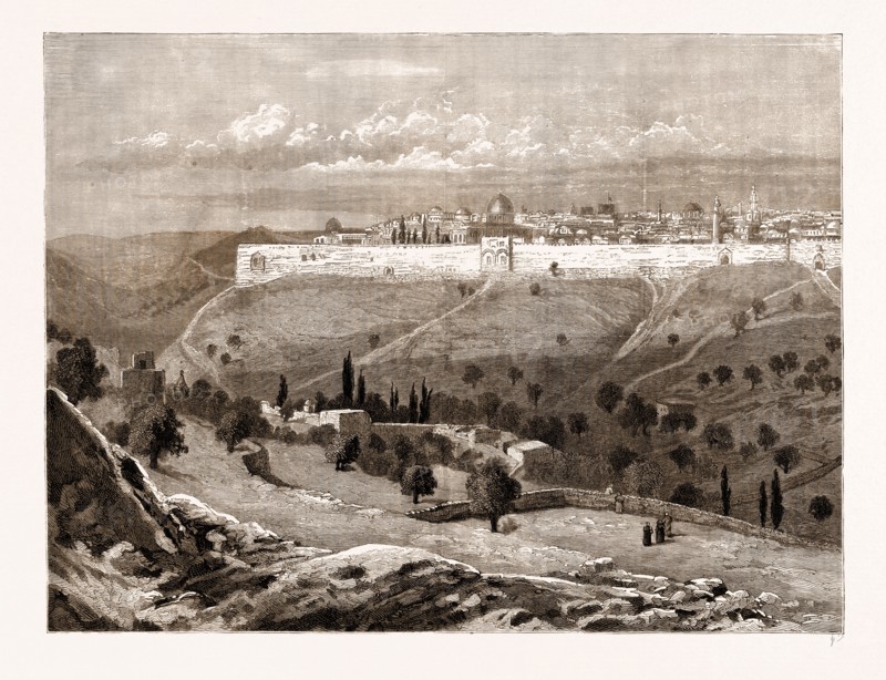 A GENERAL VIEW OF THE CITY OF JERUSALEM FROM BETWEEN THE MOUNT OF OLIVES AND MOUNT SCOPUS, 1883: Absalom's Tomb, Gethsemane, Virgin's Tomb, Siloam, Road to Bethlehem, Mosque of Aksa, Jewish Synagogue, Mosque of Omar, Golden Gate, David's Tower, Holy Sepulchre, St. Stephen's Gate
