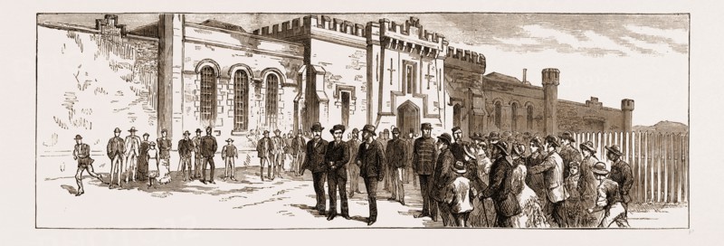THE ASSASSINATION OF CAREY, ARREST OF O'DONNELL AT PORT ELIZABETH: O'DONNELL LEAVING THE PRISON FOR THE COURT HOUSE, 1883