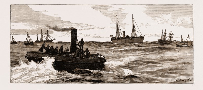THE ASSASSINATION OF CAREY, ARREST OF O'DONNELL AT PORT ELIZABETH: THE POLICE GOING OFF IN A LAUNCH TO THE "MELROSE" TO ARREST O'DONNELL, 1883