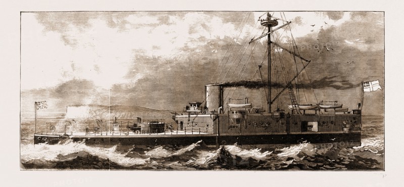 THE NEW STEEL ARMOUR-PLATED TURRET-SHIP, H.M.S. "CONQUEROR", 1883: Torpedo Port, Breakwater across Deck, Nordenfeldt, Hatchway Galley, Conning Tower