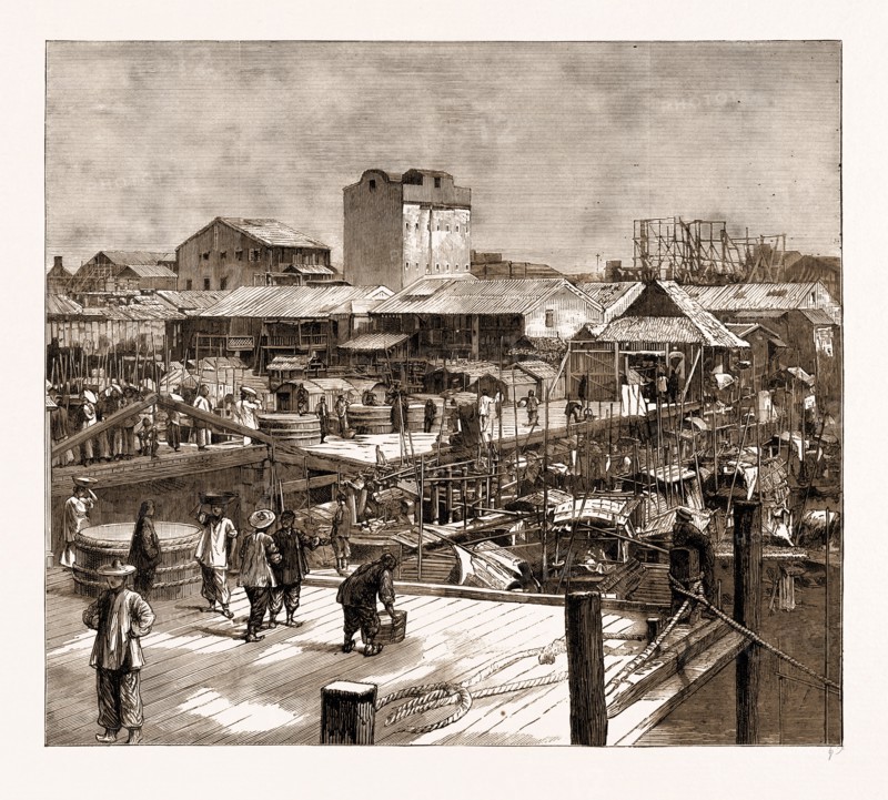 WHARF AT CANTON, WHERE THE RIOTING BEGAN, AND FROM WHICH A CHINESE PORTER FELL INTO THE WATER AND WAS DROWNED, CHINA, 1883