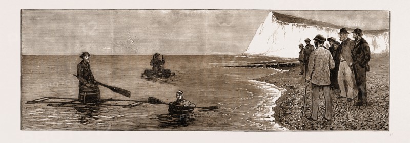 EXPERIMENTS WITH NOVEL LIFE-SAVING APPARATUS AT DOVER, UK, 1883: Master Alfred Ward in Patent Waterproof Costume