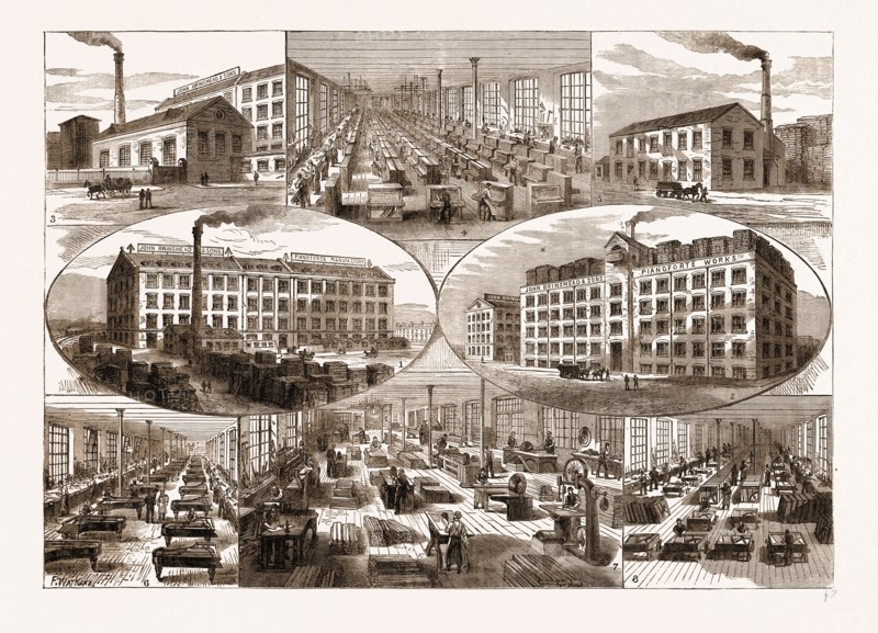 MESSRS. JOHN BRINSMEAD AND SONS' PIANOFORTE WORKS, 1883: 1. UPRIGHT IRON GRAND WORKS. 2. THE NEW HORIZONTAL GRAND WORKS. 3. ENGINE HOUSE. 4. UPRIGHT IRON GRAND FINISHING SHOP. 5. JAPANNING HOUSE. 6. GRAND FINISHING SHOP. 7. MACHINE ROOM. 8. BACK MAKING SHOP.