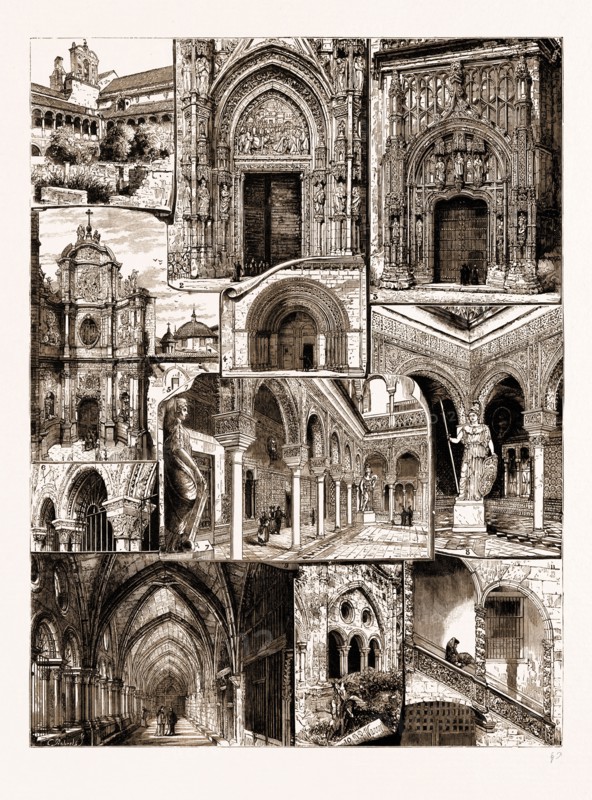 ARCHITECTURAL ART IN SPAIN, 1883: 1. Ancient Convent of San Feo, Cordova. 2. Doorway of the Cathedral, Seville. 3. Doorway of San Juan, Cordova Cathedral. 4. Eastern Doorway of the Cathedral, Valencia. 5. The Principal Door of the Cathedral, Valencia. 6. Cloisters of the Conventiof Poblet. 7. The "Patio" (Courtyard), "Pontius Pilate" House, Seville. 8, A Corner in the "Patio," "Pontius Pilate" Hoxse, Seville. 9. In the Cloisters of the Cathedral, Tarragona. 10. The Cloisters, Tarragona. 11. Old Renaissance Staircase at Barcelona.