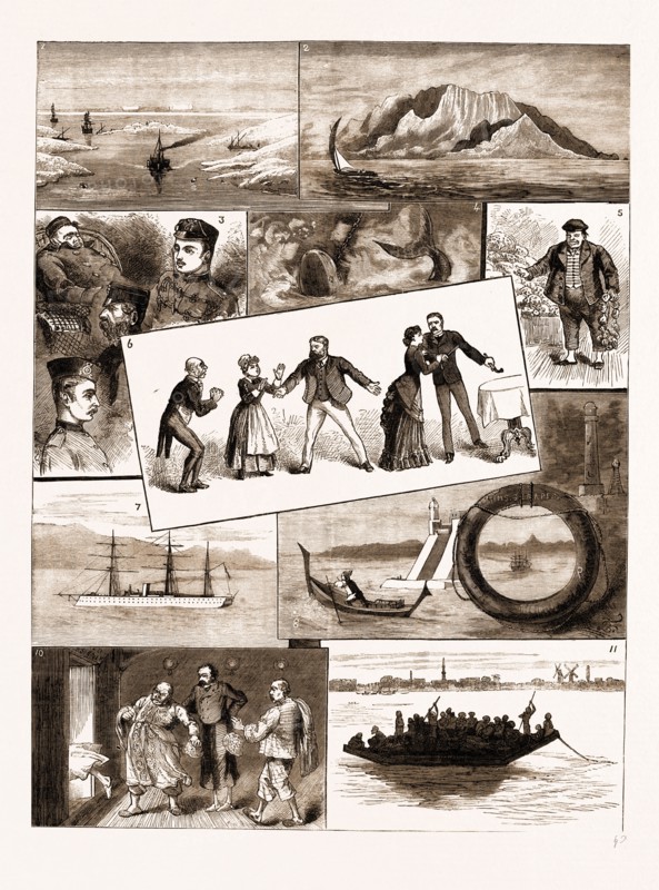 LIFE ON BOARD AN INDIAN TROOPSHIP, 1883: 1. Lake Timsah, Suez Canal. 2. Aden. 3. Some of the Passengers. 4. "Hooked," But Afterwards Ale "Hooked It." 5. Malta Sponges. 6. Theatricals on Board: "Who Speaks First?" 7. At Sea. 8. Malta. 9. Red Sea. 10. The Order of the Bath. 11. Coaling Boats Coming Alongside at Port Said.