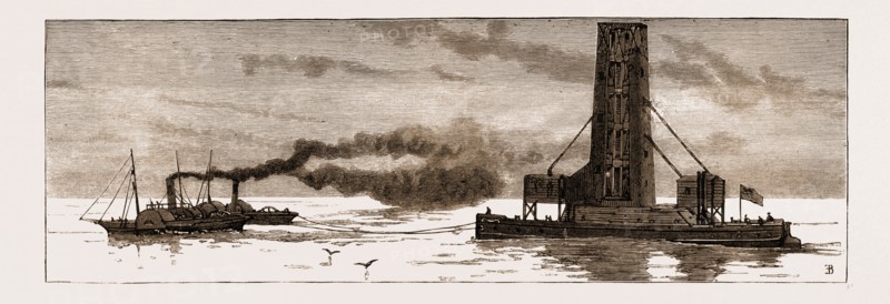 THE NEW GRAIN ELEVATOR, "INTERNATIONAL," BEING TOWED ACROSS THE NORTH SEA TO ANTWERP, 1883
