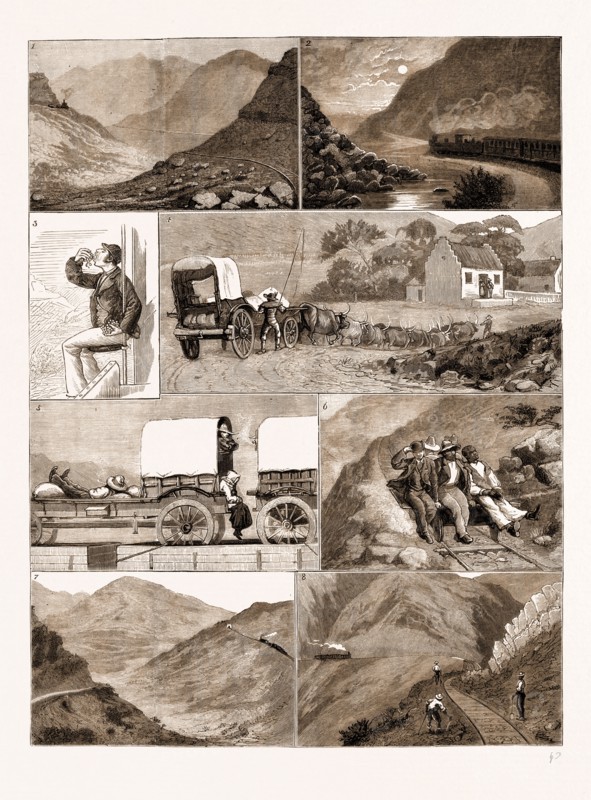 THE HEX RIVER RAILWAY, CAPE COLONY, SOUTH AFRICA, 1883: 1. From Platelayer's Cottage. 2. Tulbagh Pass by Moonlight. 3. The Stoker Has a Little Refreshment. 4. A Farm by the Way, Hex River Valley. 5. The Boer Way of Travelling on the Railway. 6. Platelayers on a Trolly. 7. Hex River Mountain. 8. Near a Viaduct, Past Twenty-five Mile Cottage.