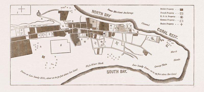 THE FRENCH IN MADAGASCAR, PLAN OF TAMATAVE, SHOWING THE AMOUNT OF PROPERTY OWNED BY DIFFERENT NATIONS, 1883: 1. Site of the Hova Garrison Town. 2. Principal Hova Fort. 3. Mr. Shaw's Compound. 4. Native Huts (Burnt). 5. Foreigners' Cemetery. 6. Cattle Market. 7. Mission. 8. Indian Shops. 9. British Consulate. 10. Site of Native Town (Burnt). 11. French Catholic Mission. 12. British Consul's House and Compound. 13. German Consulate. 14. French Consulate. 15. Customs. 16. Huts of Native Town.