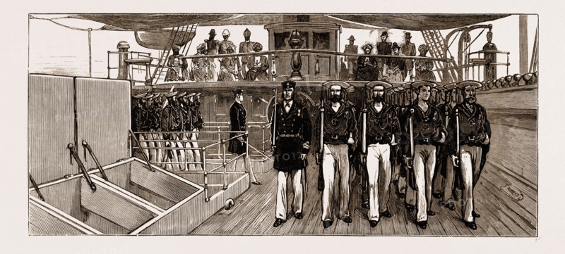 VISIT OF THE SULTAN OF ZANZIBAR TO H.M.S. "EURYALUS": BLUE-JACKETS MARCHING PAST, 1883