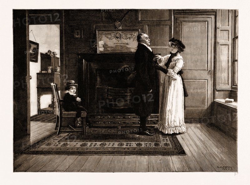 "THE WIDOWER", FROM THE PAINTING BY E.A. ABBEY, EXHIBITED AT THE ROYAL INSTITUTE OF PAINTERS IN WATER COLOURS, UK, 1883