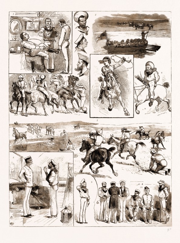ENGLISH SPORTS ABROAD, A NAVAL PAPER-CHASE AT MALDONADO, RIVER PLATE, 1883: 1. General Signal "Hawsey Expects that Every Hound Will Do His Duty." 2. Some of the Hounds. 3. Landing the Kennel. 4. The Bugler has just Sounded the Assembly. 5. Now, Lads, Get as Much Way on as You Like." 6. A Hound. 7. A Halt to Remount Hounds after a Bad Start. 8. Hare and Hound the Next Day. 9. "Please, Sir, Nearly all the 'Ounds in the Port Watch are Horse de Combat." 10. A Few Hounds the Next Day.