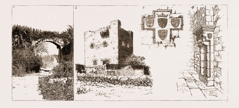 AN ANCIENT TOWER AT COLOSSE, NEAR LIMASOL, CYPRUS, 1883: 1. Aqueduct at Colosse. 2. Exterior of the Old Tower. 3. Group of Armorial Shields at Colosse. 4. A Fireplace in the Tower.