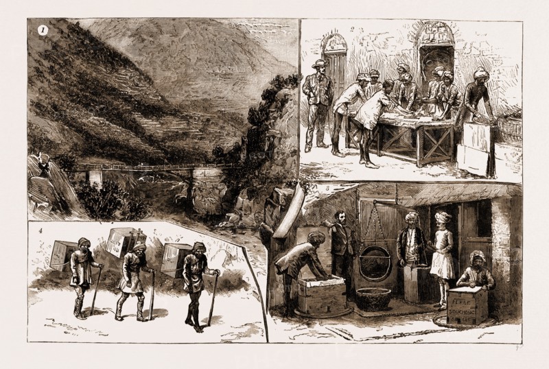 TEA CULTURE IN INDIA, 1883: 1. Bridge Over the River Ool, on the Road to Kulu. 2. Rolling the Leaves by Hand. 3. Weighing and Packing for the London Market. 4. Coolies Carrying Tea to the Staging-Place at Palumpore.