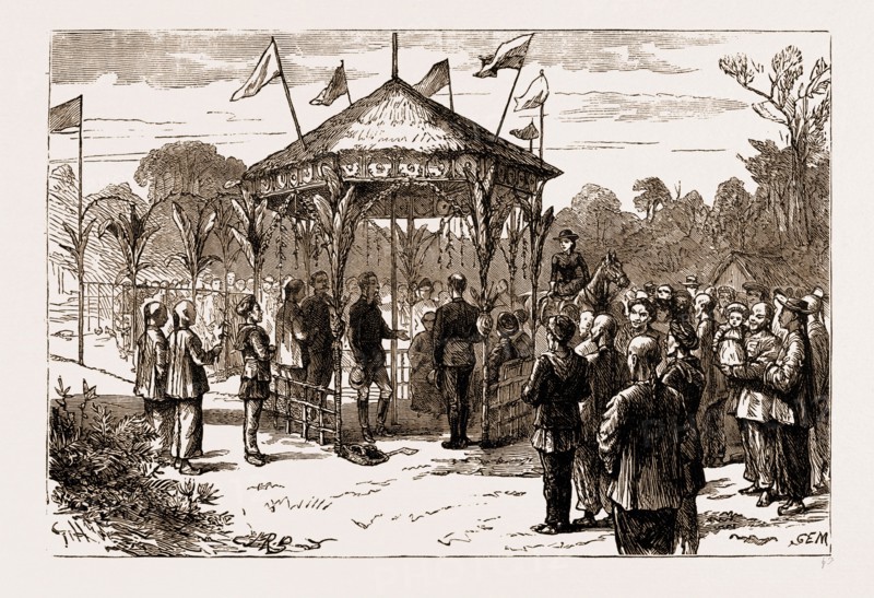 THE FIRST RAILWAY IN THE MALAY PENINSULA: SIR FREDERICK A. WELD, K.C.M.G., GOVERNOR OF THE STRAITS SETTLEMENTS, CUTTING THE FIRST SOD OF THE SALANGORE RAILWAY, 1883
