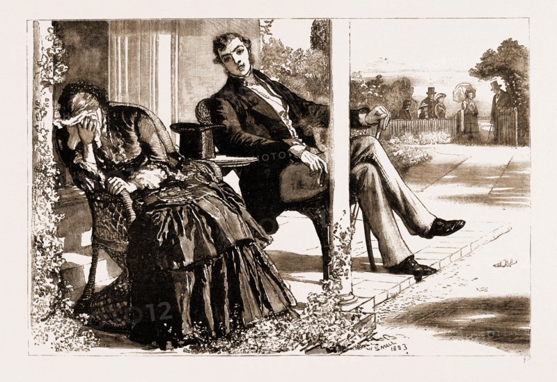 THIRLBY HALL, DRAWN BY WILLIAM SMALL, 1883; "Here they all come, back from church. Now do please, Mrs. Warren, stop crying."