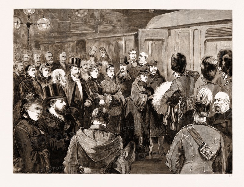 DEPARTURE OF THE DUKE AND DUCHESS OF CONNAUGHT FOR INDIA: SERGEANT-MAJOR PETER SMITH, OF THE FIRST BATTALION SCOTS GUARDS, PRESENTING A BOUQUET FROM THE NON-COMMISSIONED OFFICERS TO THE DUCHESS OF CONNAUGHT AT CHARING CROSS RAILWAY STATION, LONDON, UK, 1883