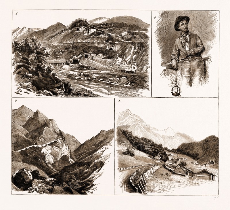 THE ARLBERG MOUNTAIN RAILWAY BETWEEN INNSBRUCK AND BLUDENZ, AUSTRIA, 1883: 1. Arlberg Road and Tunnel near St. Anton. 2. Arlberg Road near Stuben. 3. Arlberg Road and Tunnel near Langen. 4. An Italian Tunnel-Worker at the Arlberg.