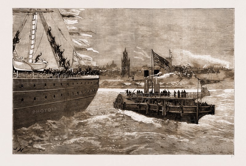 ARRIVAL OF THE PRINCESS LOUISE AND MARQUIS OF LORNE AT LIVERPOOL FROM CANADA: THE STEAM-TUG WITH THE ROYAL PARTY ON BOARD LEAVING THE "SARDINIAN", UK, 1883