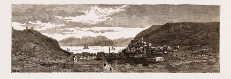 VIEW OF THE VILLAGE OF TCHESME, ANATOLIA, ASIA MINOR, PARTIALLY DESTROYED DURING THE RECENT EARTHQUAKE, 1883