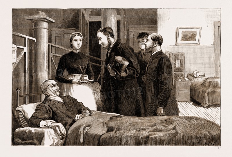 THE EXPLOSIONS ON THE UNDERGROUND RAILWAY, SIR WILLIAM HARCOURT VISITING THE WOUNDED AT ST. MARY'S HOSPITAL, UK, 1883