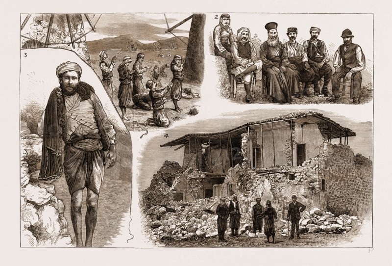 THE DISASTROUS EARTHQUAKE IN ANATOLIA, ASIA MINOR, 1883: 1. Natives at Latzata Praying for Protection from the Earthquake. 2. A Group of Natives. 3. A Fisherman at Tchesme. 4. A Ruined House in a Village near Tchesme.