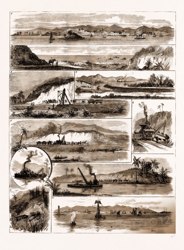 FROM THE PACIFIC TO THE ATLANTIC ALONG THE ROUTE OF THE PANAMA CANAL, 1883: 1. City of Panama, the Pacific End of the Canal (The Cross Shows the Mouth of the Canal). 2. Last Glimpse of Panama. 3. Canal Works, Panama Railway, at Culebra. 4. Valley of Buenevista and Canal Works. 5. Cutting at Gatoon and Chagres River. 6. Steam Navvy at Work. 7. Dredge Working near the Mouth of the Canal, Colon. 8. The Effect of Malaria. 9. Canal Works and Steam Dredger, Chagres River. 10. Colon, the Atlantic Mouth of the Canal (The Cross Shows the Mouth of the Canal)