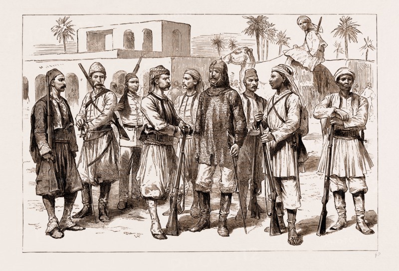 THE REBELLION IN THE SUDAN, 1883: SOME TYPES OF THE EXPEDITIONARY FORCE: Albanian Bashi Bazouk (Infantry), Kurd (Cavalry), Native Sudanese Regular, Syrian Bashi Bazouk, Greek Bashi Bazouk from the Turkish Provinces, Shegir of the Dromedary Scouting Corps, Egyptian Cuirassier, in Shirt of Mail, with Pot Helmet and Linked Hood Similar to that Worn by the Saracens of Saladin, Shegir or Arab from the Country Between Shendy and Dongola, Bosnian Bashi Bazouk (Infantry), Fellah, or Regular Egyptian Infantryman