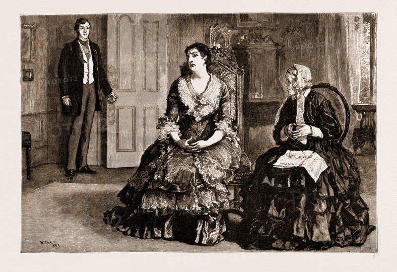 THIRLBY HALL, DRAWN BY WILLIAM SMALL, 1883; Paulina, arrayed in a brilliant blue silk dinner dress, trimmed with Limerick lace, was sitting bolt upright upon the edge of her chair, twirling her thumbs.