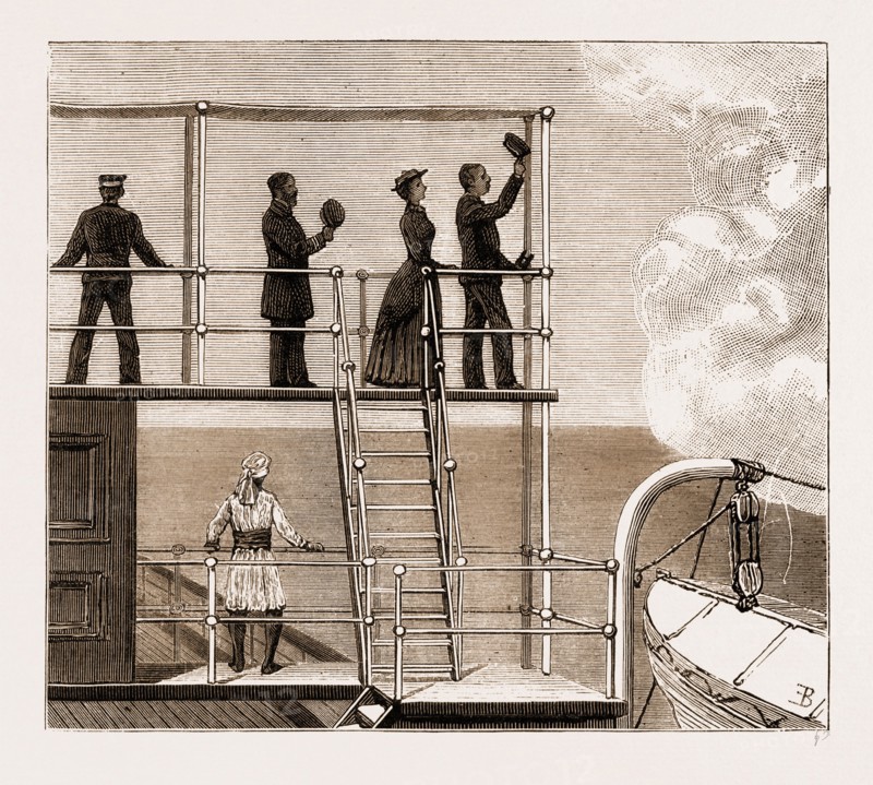 THE VOYAGE OF THE DUKE AND DUCHESS OF CONNAUGHT TO INDIA ON BOARD THE P.&O. MAIL STEAMER "CATHAY", 1883: THE DUKE AND DUCHESS ON THE BRIDGE OF THE "CATHAY' WHILE ENTERING THE SUEZ CANAL AT PORT SAID
