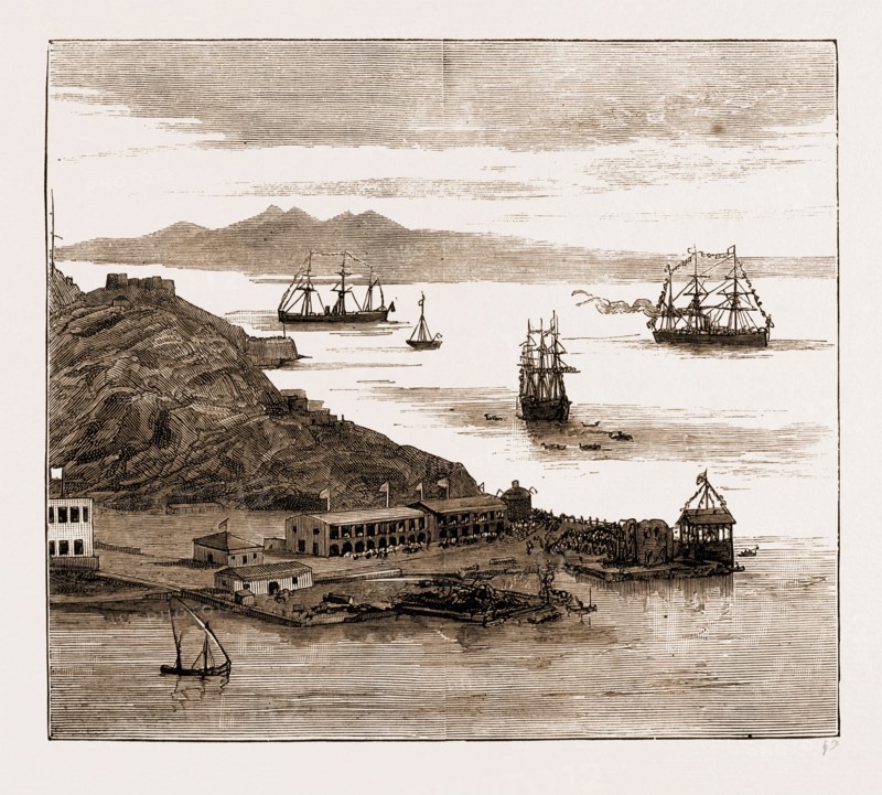 THE VOYAGE OF THE DUKE AND DUCHESS OF CONNAUGHT TO INDIA ON BOARD THE P.&O. MAIL STEAMER "CATHAY", 1883: THE "CATHAY" ENTERING ADEN HARBOUR