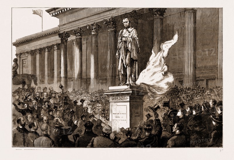 THE UNVEILING BY SIR RICHARD CROSS OF THE NEW STATUE OF LORD BEACONSFIELD, ERECTED BY PUBLIC SUBSCRIPTION IN FRONT OF ST. GEORGE'S HALL, LIVERPOOL, UK, 1883