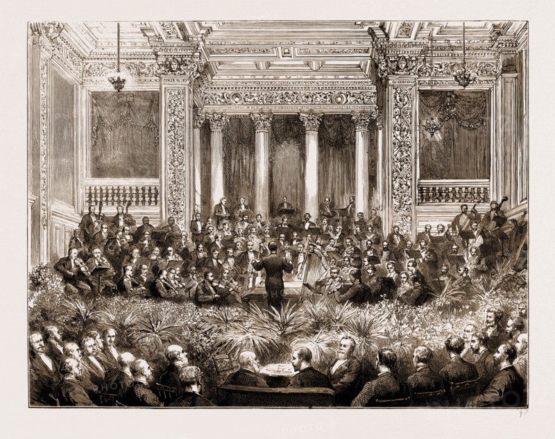 THE PRINCE OF WALES AT THE SMOKING-CONCERT OF THE ROYAL AMATEUR ORCHESTRAL SOCIETY IN THE PRINCE'S HALL, PICCADILLY, LONDON, UK, 1883