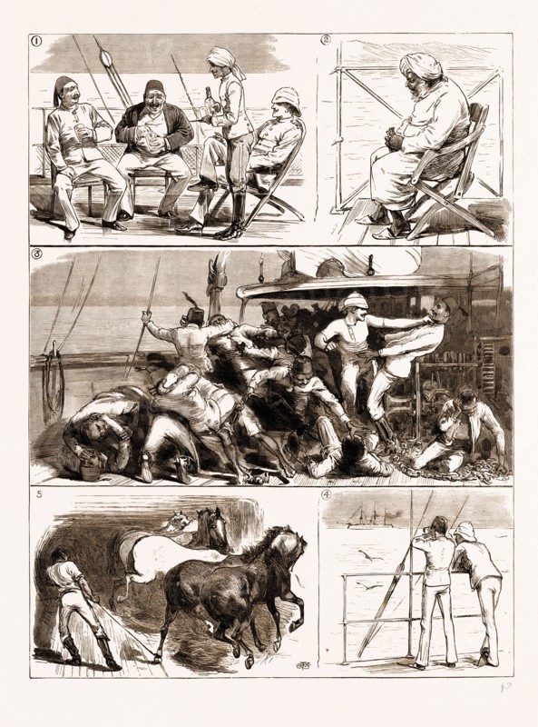 THE REBELLION IN THE SUDAN, WITH BAKER PASHA'S REINFORCEMENTS: FROM SUEZ TO SUAKIM BY THE RED SEA, 1883: 1. A Turk's Idea of a One-Finger Peg. 2. Our Red Sea Pilot. 3. A Slight Difference of Opinion Between Turks and Arabs. 4. Rejected Advances. 5. "There's Another Jolly Row Downstairs."