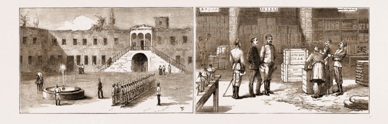 THE REBELLION IN THE SUDAN, WITH BAKER PASHA'S REINFORCEMENTS, 1883: DRILLING THE GENDARMERIE IN THE COURTYARD OF THE DEPOT AT BOULAK; STORES FOR THE SOUDAN AT BOULAK