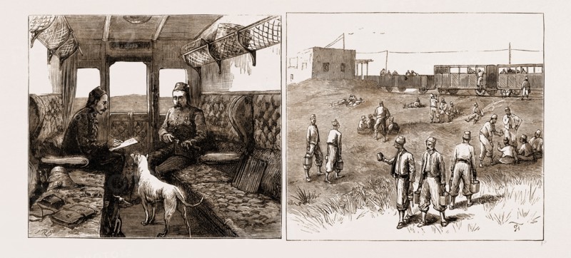 THE REBELLION IN THE SUDAN, WITH BAKER PASHA'S REINFORCEMENTS, 1883: IN THE TRAIN "EN ROUTE" FOR SUEZ, AN OFFICER'S CARRIAGE; A HALT IN THE DESERT
