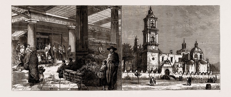 ON THE MEXICAN NATIONAL RAILWAY, 1886: FRUIT AND MEAT STALLS IN TOLUCY MARKET; IGLESIA DEL CARMEN, TOLUCA