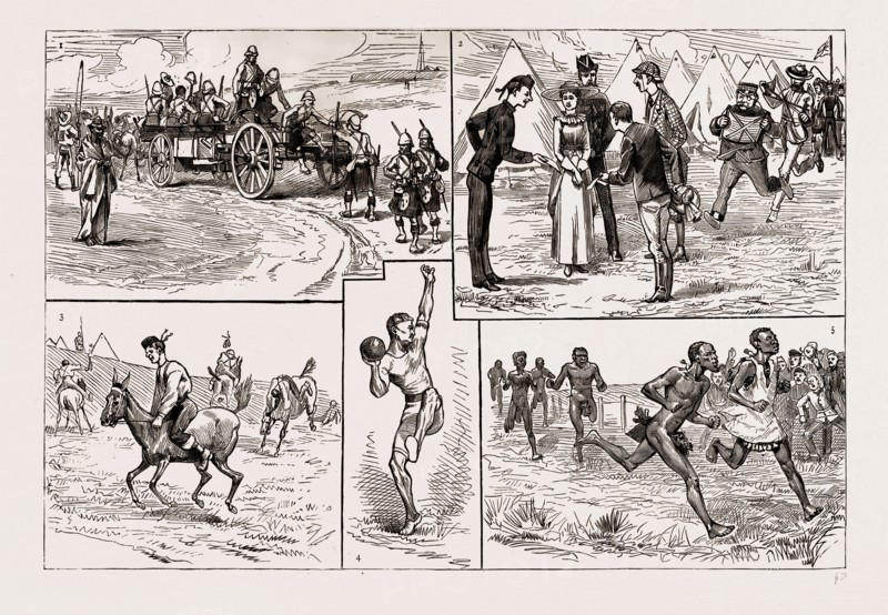 SPORTS AT FORT CURTIS, ETSHOWE, ZULULAND, 1886: 1. Arrival of a Waggon with Competitors from the Outlying Forts. 2. The Only Lady. 3. The Finish of the Mule Race. 4. A Sergeant of the 1st Argyll and Sutherland Highlanders Putting the Shot. 5. A Half Mile Race for Zulus of the Resident Commissioner's Bodyguard.