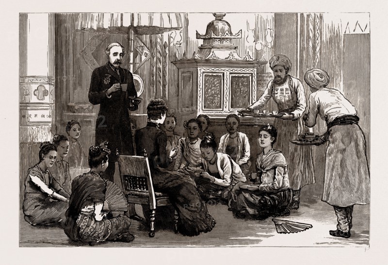 WITH LORD DUFFERIN IN BURMA: LADY DUFFERIN RECEIVES THE BURMESE LADIES AT AFTERNOON TEA IN THE PALACE, MANDALAY, 1886