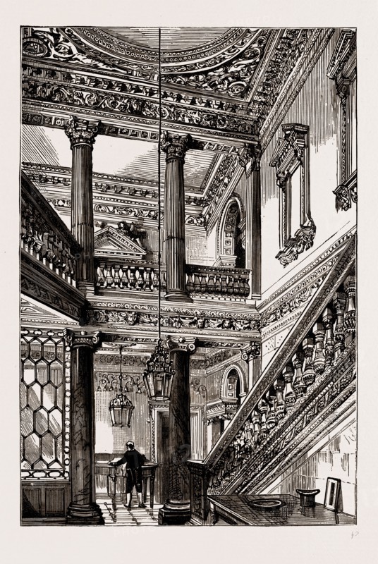 AN OLD LONDON MANSION, "COWFIELDS," 30, OLD BURLINGTON STREET, UK, 1886: ENTRANCE HALL AND STAIRCASE