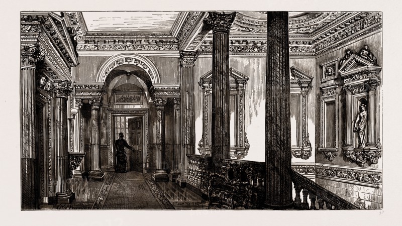 AN OLD LONDON MANSION, "COWFIELDS," 30, OLD BURLINGTON STREET, UK, 1886: GALLERY TO DRAWING ROOM FLOOR