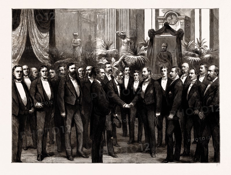 THE OPENING FESTIVAL OF THE GORDON BOYS' HOME: THE PRINCE OF WALES RECEIVING THE GUESTS, UK, 1886: Sir Thomas Brassey, Cardinal Manning, Sir Henry James, General Sir Peter S. Lumsden, Sir Evelyn Wood, Sir Charles Warren, Lord Napier of Magdala, Prince Albert Victor of Wales, Duke of Connaught, Duke of Teck, Prince Christian, Bishop of London, Sir Richard Temple, Lord Iddesleigh, Sir William Gull, Mr. W.H. Smith