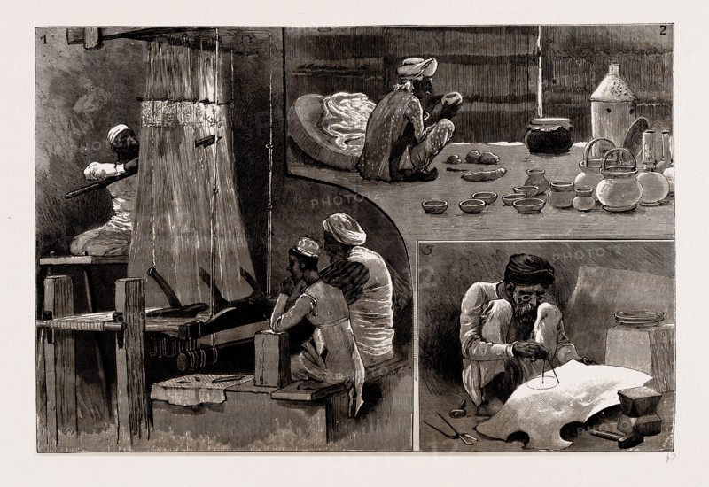 THE INDIAN SECTION OF THE COLONIAL AND INDIAN EXHIBITION: THE ETHNOLOGICAL COLLECTION, 1886: THE NATIVE INDUSTRIES IN THE COURTYARD OF THE INDIAN PALACE: 1. Weaving Gold Embroidery 2. A Potter, 102 years old 3. Working in Brass