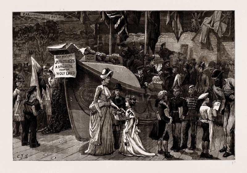 THE "RED, WHITE AND BLUE" BAZAAR AT THE AGRICULTURAL HALL, OPENED BY THE DUKE OF CONNAUGHT, IN AID OF THE HOMES FOR LITTLE BOYS AT FARNINGHAM AND SWANLEY, UK, 1886