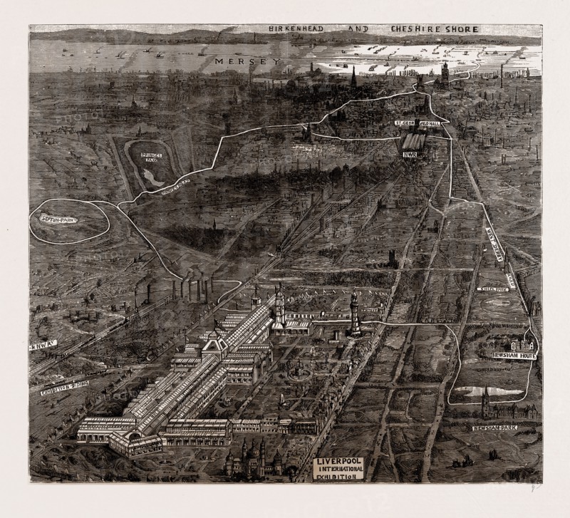 THE OPENING OF THE INTERNATIONAL EXHIBITION OF NAVIGATION AND MANUFACTURES BY THE QUEEN AT LIVERPOOL, UK, 1886: BIRD'S-EYE VIEW OF LIVERPOOL, SHOWING THE ROUTE OF THE ROYAL PROCESSION FROM NEWSHAM HOUSE TO THE EXHIBITION AND THROUGH THE CITY