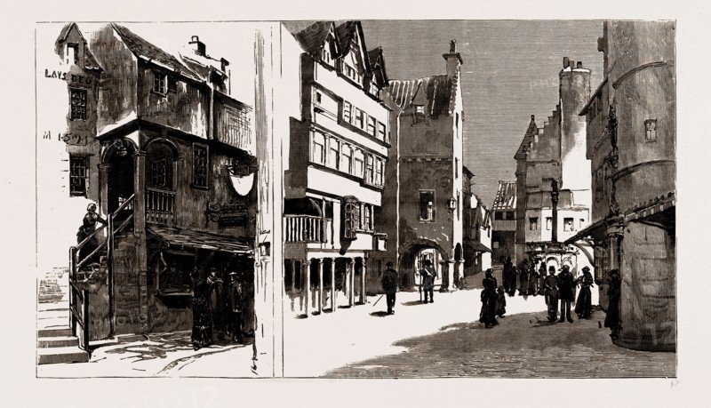THE OPENING OF THE INTERNATIONAL EXHIBITION AT EDINBURGH BY PRINCE ALBERT VICTOR: HOUSE IN WHICH MONEY WAS COINED UNTIL THE UNION, 1707, PART OF "OLD EDINBURGH," IN THE EXHIBITION BUILDINGS; STREET IN "OLD EDINBURGH", 1886