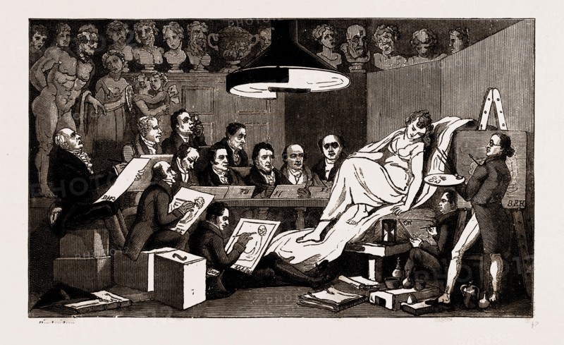 "R.A.'S OF GENIUS," LIFE SCHOOL AT THE ROYAL ACADEMY, 1824, UK, 1886; Rowlandson, Sir Benjamin West, Sir Thomas Lawrence, Sir M.A. Shee