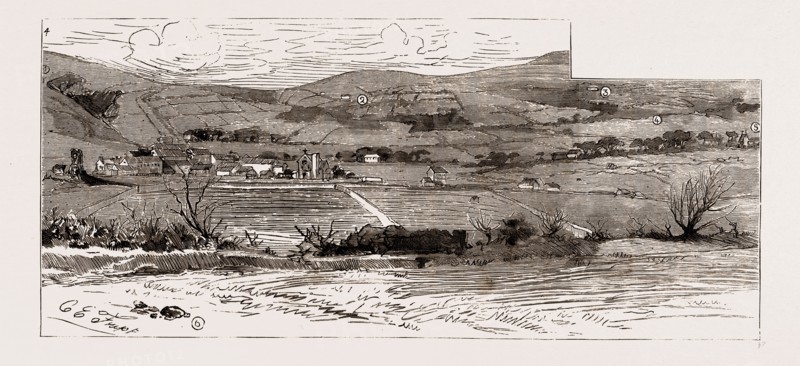 A VIEW NEAR CASTLEISLAND, SHOWING THE SCENES OF THE OUTRAGES, 1886: 1. Galvin's Farm. Galvin was shot at because he was suspected of paying Rent. 2. Place where Mr. Herbert was shot dead on the Road. 3. Place where Farmer Hickey was shot dead. 4. Dooling's Farm. Dooling has been twice murderously attacked because he was suspected of paying his Rent. 5. Place where Kearney was shot. 6. Position of Mike Flynn's House