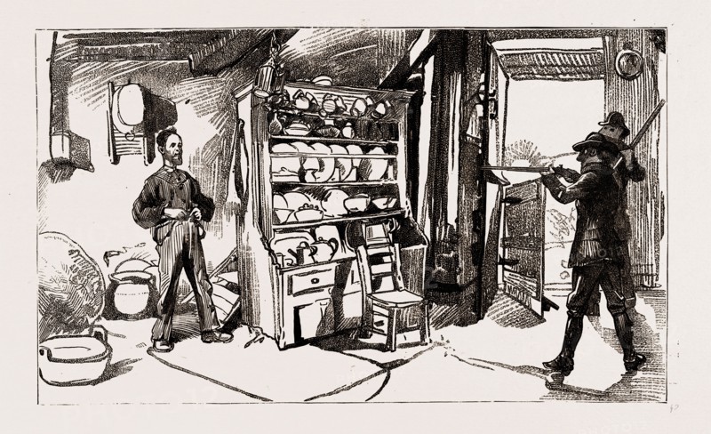 BOYCOTTING IN IRELAND: MOONLIGHTERS DEMANDING ARMS IN POPE'S CABIN, COUNTY KERRY, 1886