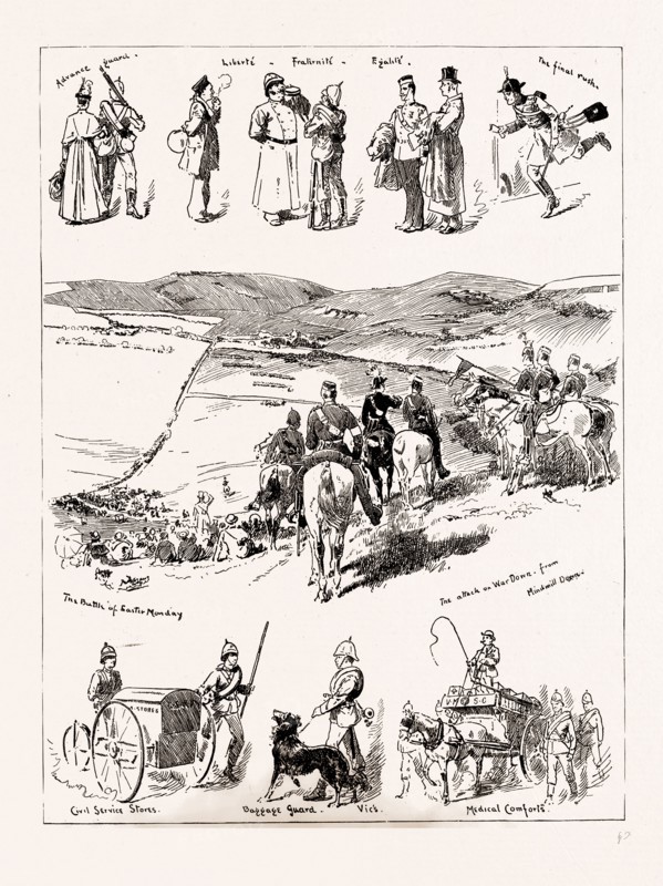 THE VOLUNTEER MANOEUVRES NEAR PORTSMOUTH, UK, 1886; Medical Comforts, Baggage Guard, Civil Service Stores, The Battle of Easter Monday, The attack on War Down from Mindmill Down, Advance Guard, The final rush