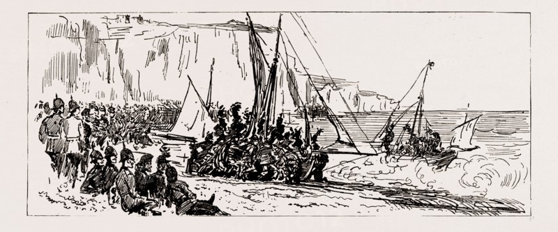 THE VOLUNTEER MANOEUVRES AT DOVER, UK, 1886: LAUNCHING FOR A SAIL